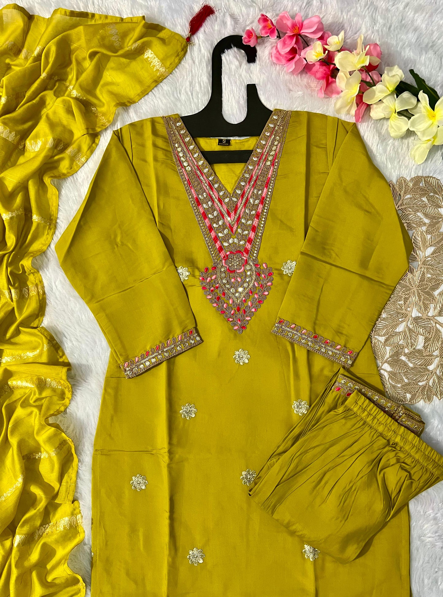 Roman Silk Kurti Set with Embroidered Details & Cotton Silk Dupatta | 3-Piece Luxury Ensemble