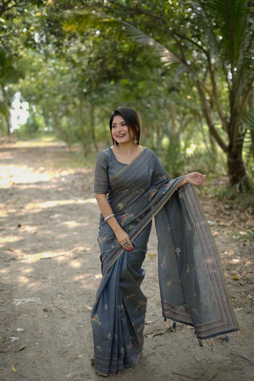 Premium Khadi Tussar Silk Saree with Kantha Stitch Border