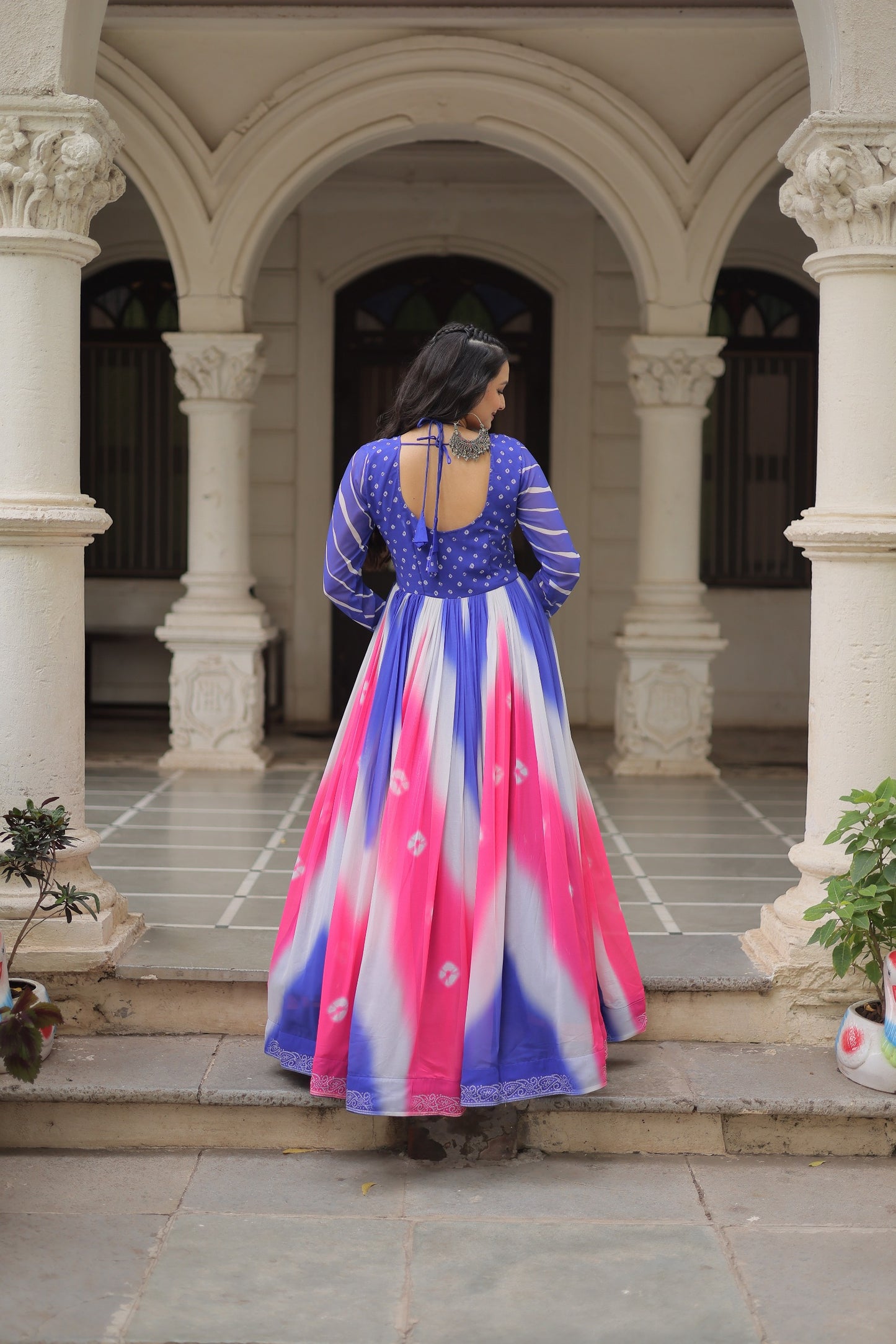 Navratri Bandhej Gown with Gamthi Embroidery | Mirror Work Faux Georgette Gown