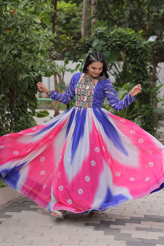 Navratri Bandhej Gown with Gamthi Embroidery | Mirror Work Faux Georgette Gown