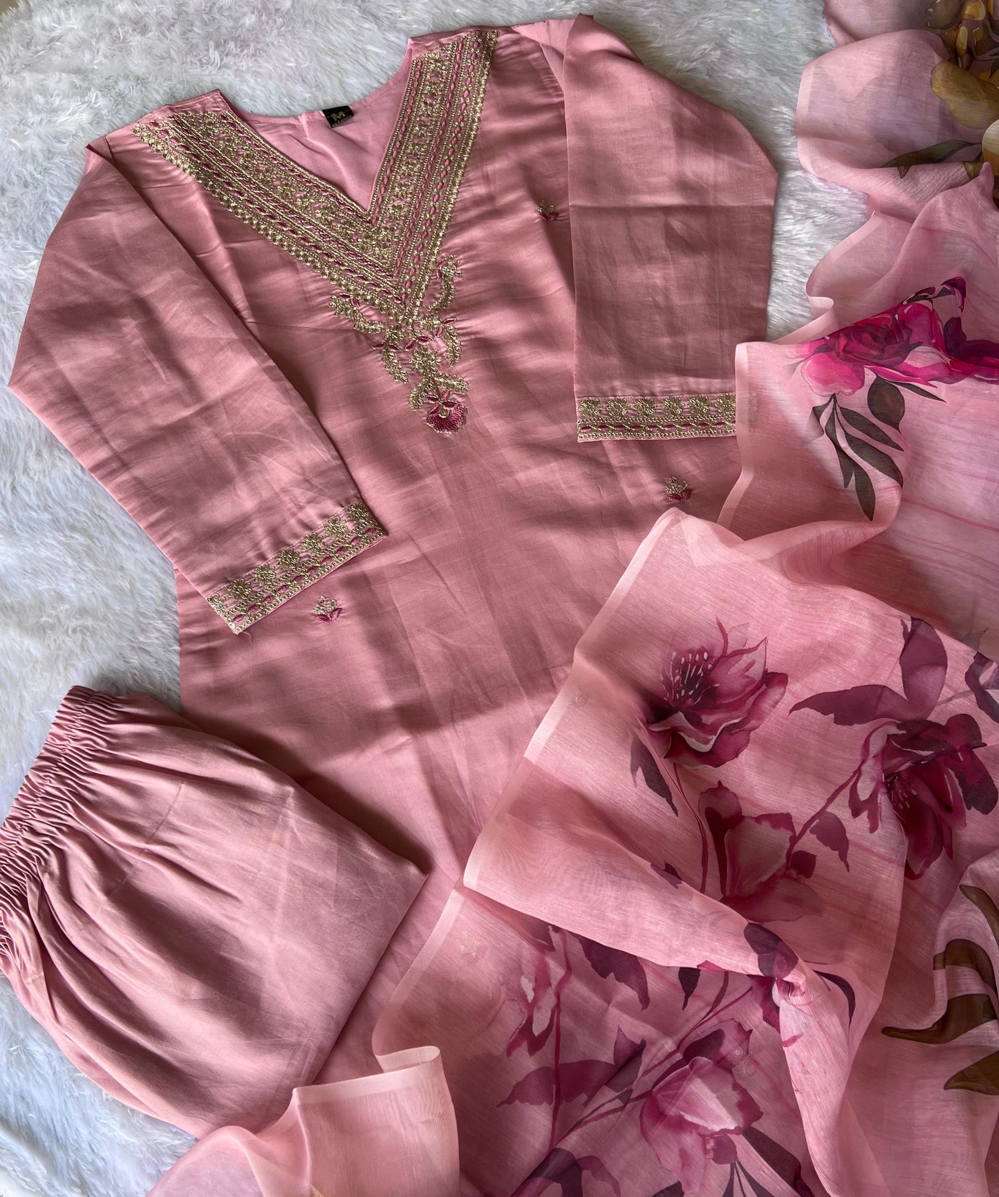 Light Peach Roman Silk Kurti Set | Embroidered Designer Wear with Digital Print Dupatta