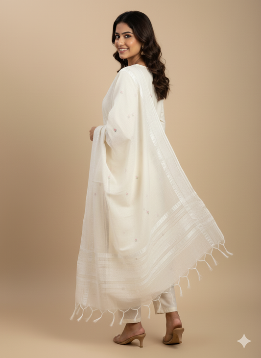 White Embroidered Khadi Cotton Kurti Pant Dupatta Set | The Indian Wardrobe