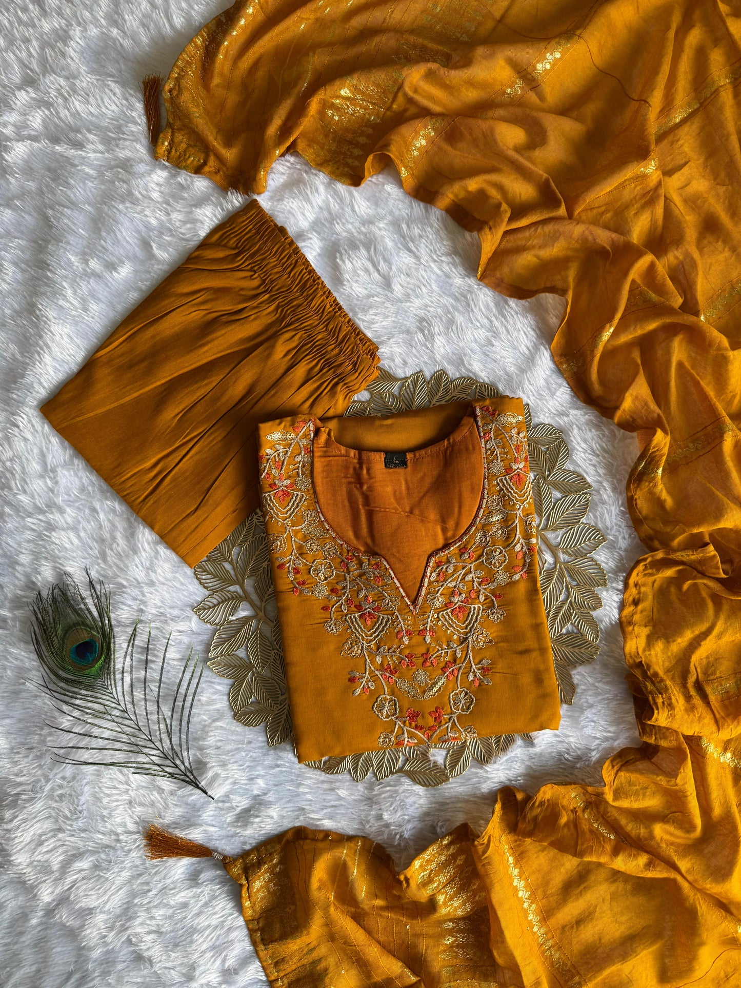 Elegant Mustard Designer Kurti Set with Embroidered Dupatta | Roman Silk Indo-Western Outfit