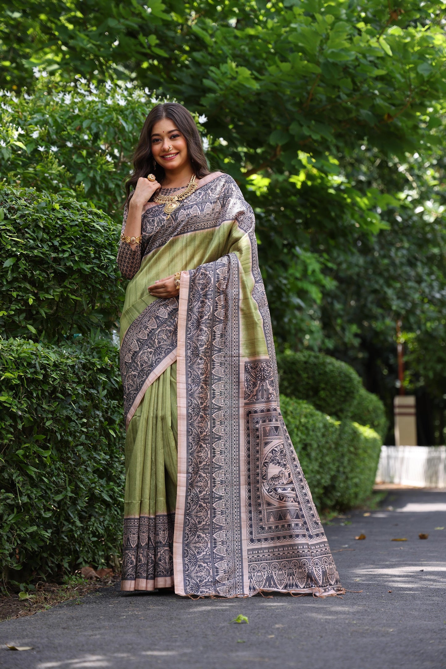Soft Tussar Silk Saree with Madhubani Print | Traditional Pallu & Fancy Tassels | Ready Stock