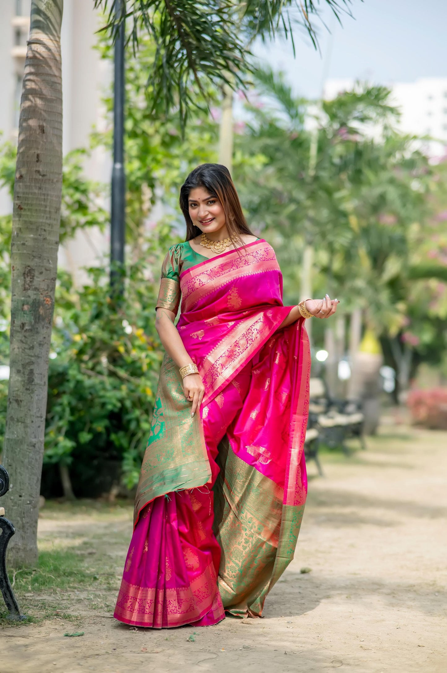 Premium Soft Banarasi Katan Silk Saree | All-Over Zari Weaving | Contrast Blouse