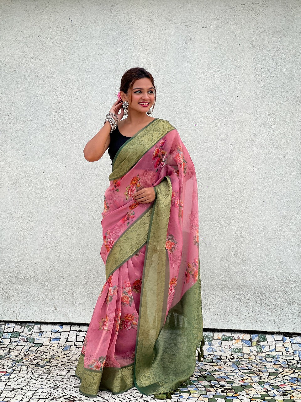 Floral Print Crush Tissue Saree with Zari Work - Ready to Wear Festival Saree
