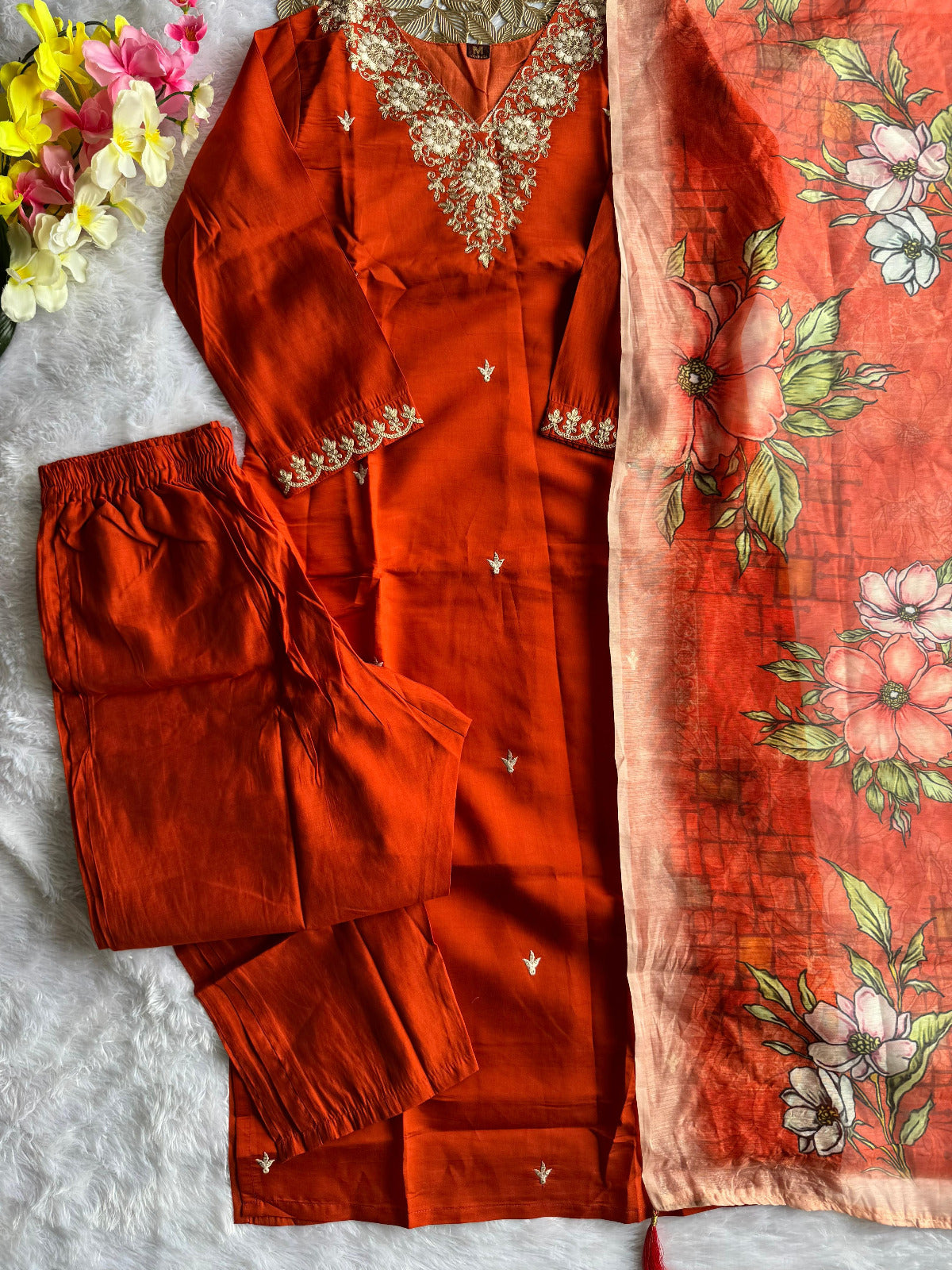 Roman Silk Kurti Set with Embroidery & Sequins Work | Tomato Pink Designer Kurti Pent Dupatta |