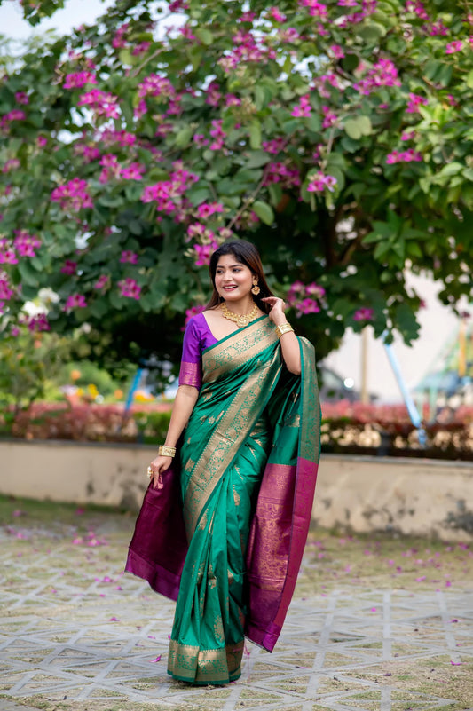 Premium Soft Banarasi Katan Silk Saree | All-Over Zari Weaving | Contrast Blouse
