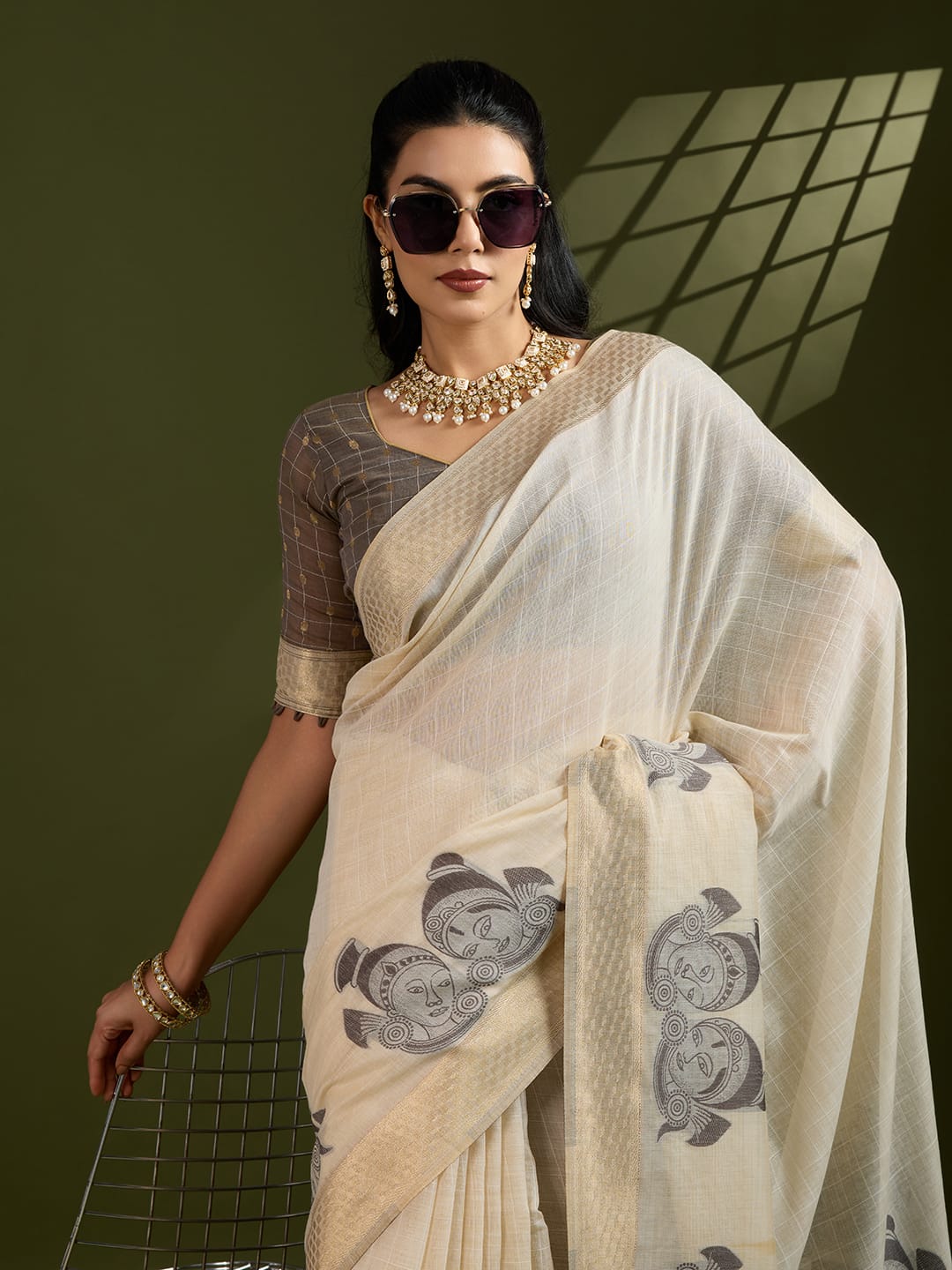 Traditional Kalamkari Peacock Weaving Saree with Checks Pattern