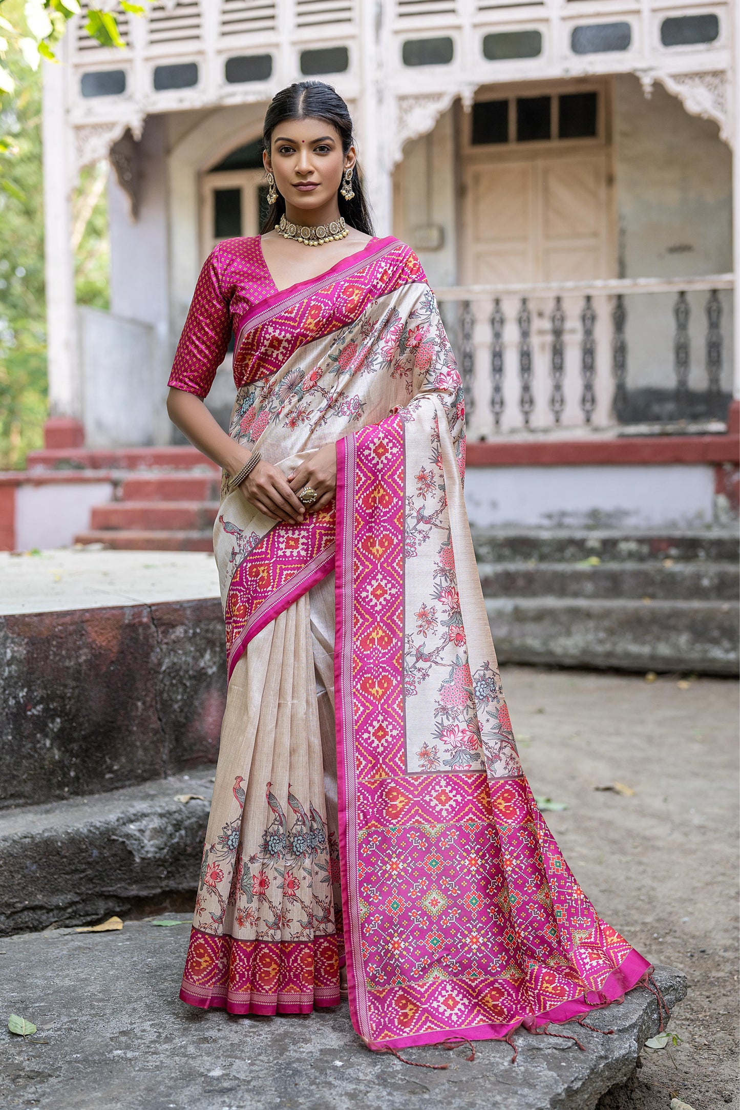 Designer Tussar Silk Saree | Patola Print & Floral Jal | Yogita Collection