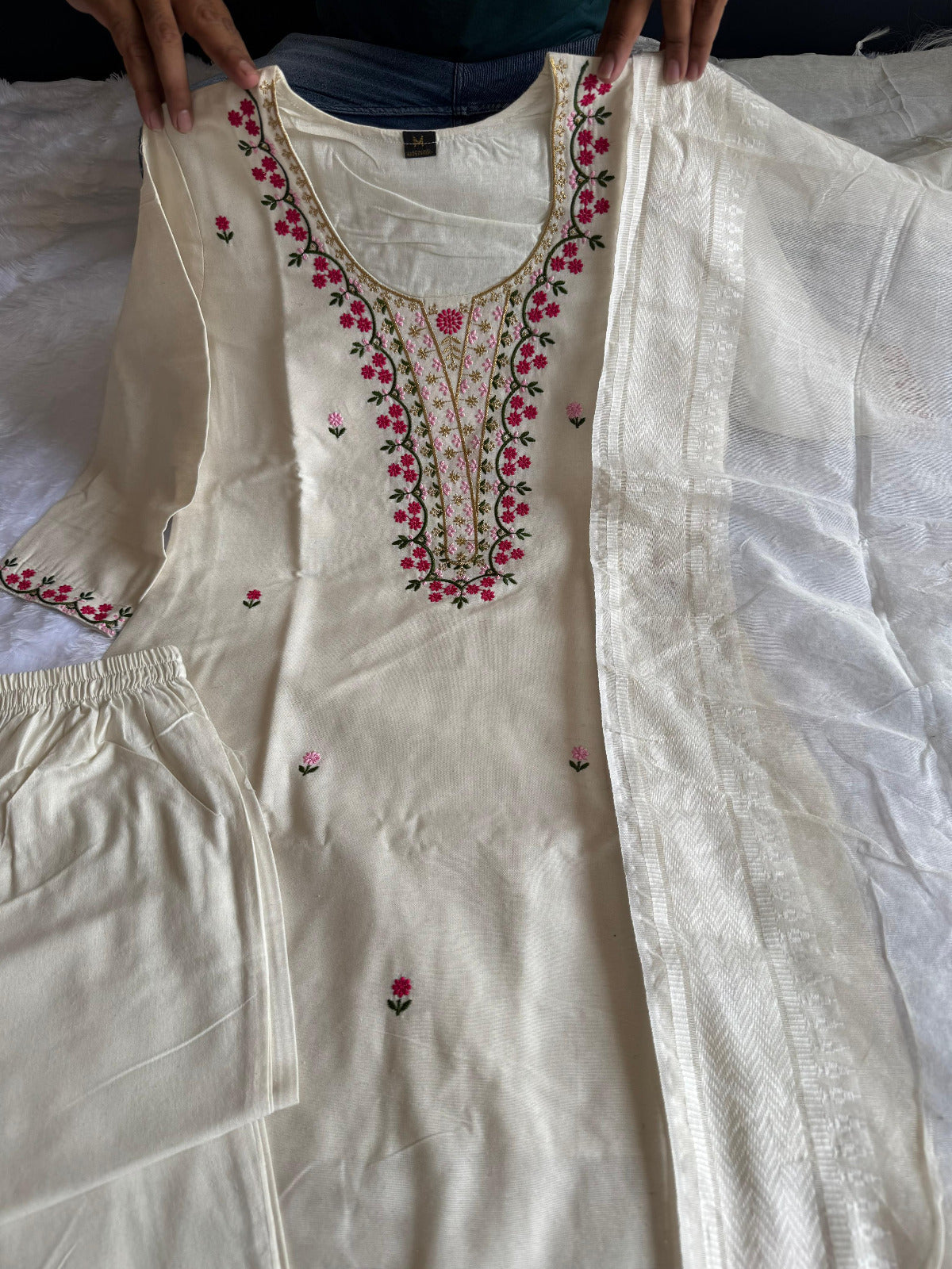 White Embroidered Khadi Cotton Kurti Pant Dupatta Set | The Indian Wardrobe