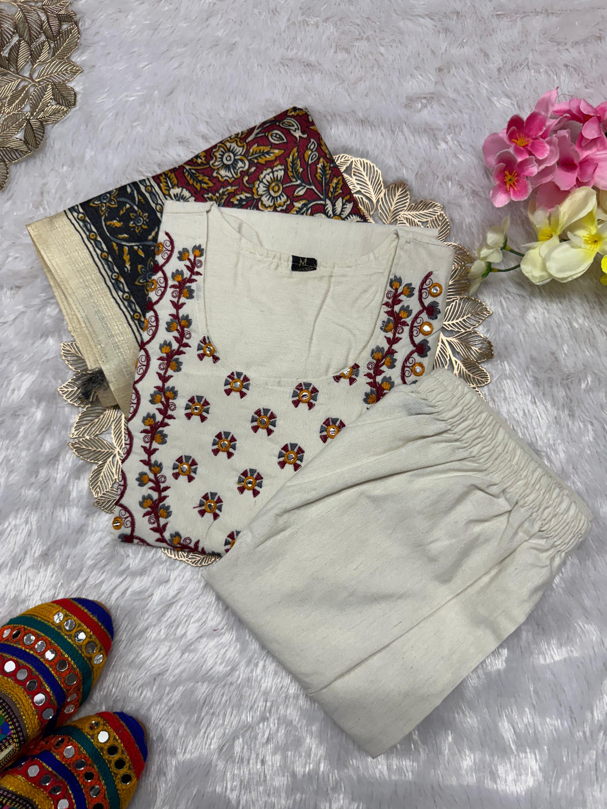 Khadi Cotton Kurti Set with Embroidery | White Ethnic 3-Piece Outfit | S-3XL Sizes