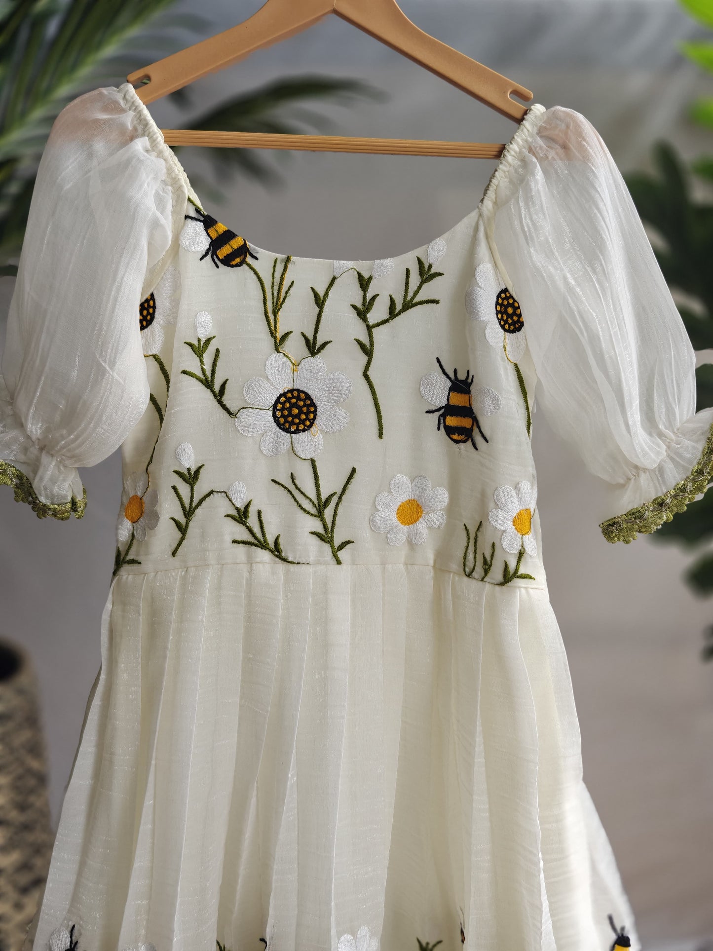 Honeybee Off-White Flared Dress for Girls | Honeybee Embroidery with Puff Sleeves | Crush Organza Dress for Special Occasions