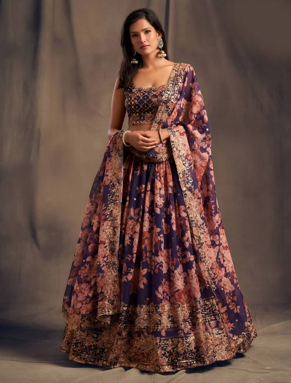 Organza Lehenga with Digital Print & Heavy Zari Sequence Work | 9 Colors Available | Ready to Ship