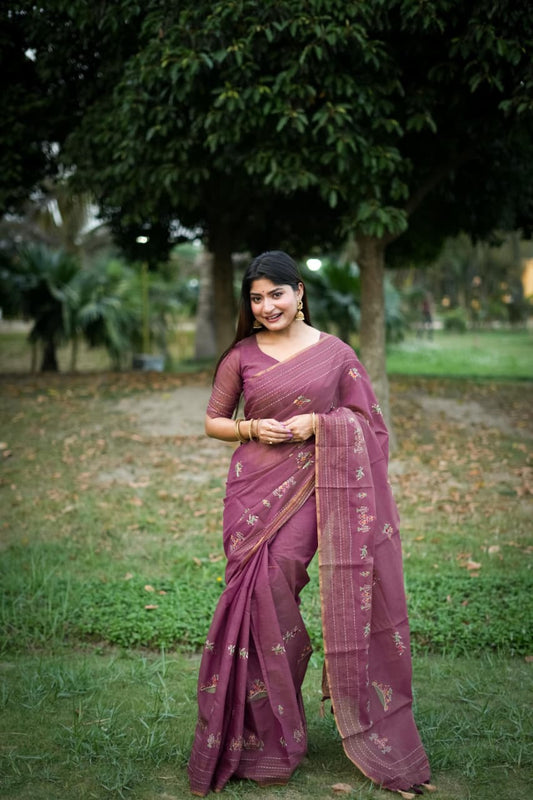 Premium Khadi Tussar Silk Saree with Kantha Stitch Border