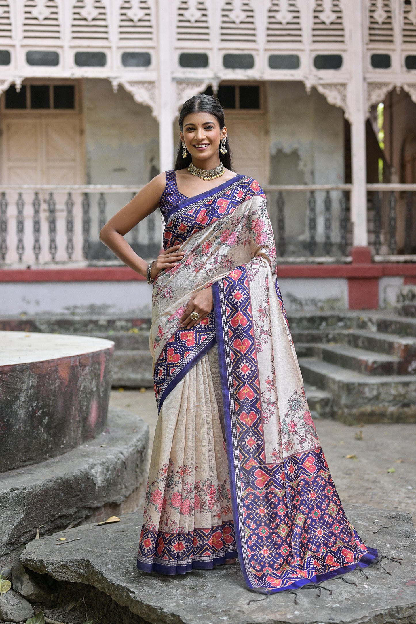Designer Tussar Silk Saree | Patola Print & Floral Jal | Yogita Collection