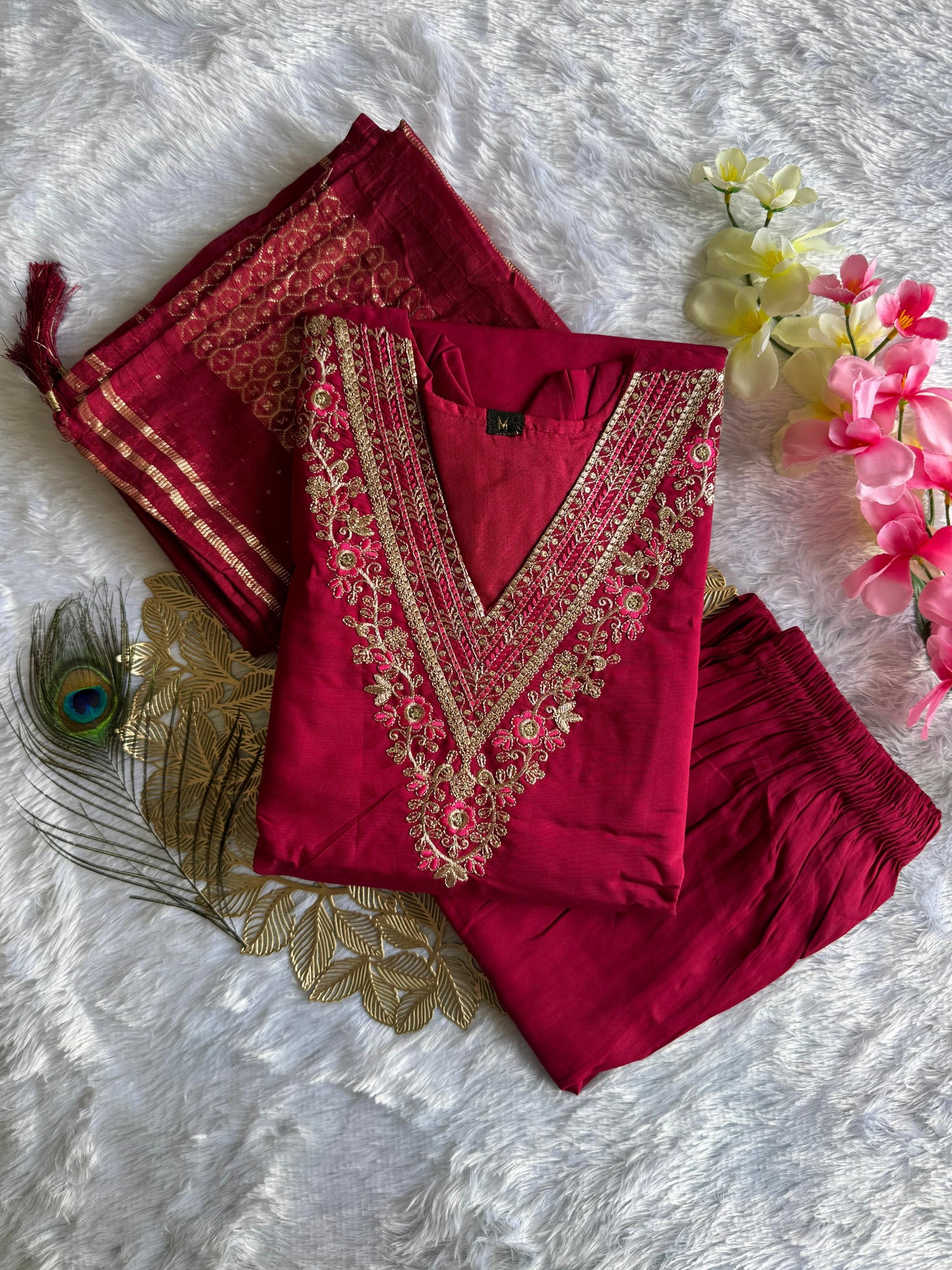 Cherry Red Roman Silk Kurti Set | Embroidered Designer Wear with Sequinned Dupatta