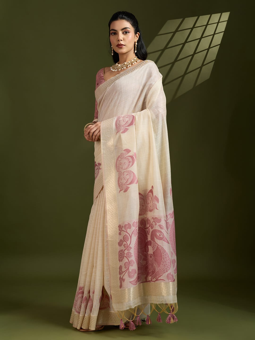 Traditional Kalamkari Peacock Weaving Saree with Checks Pattern