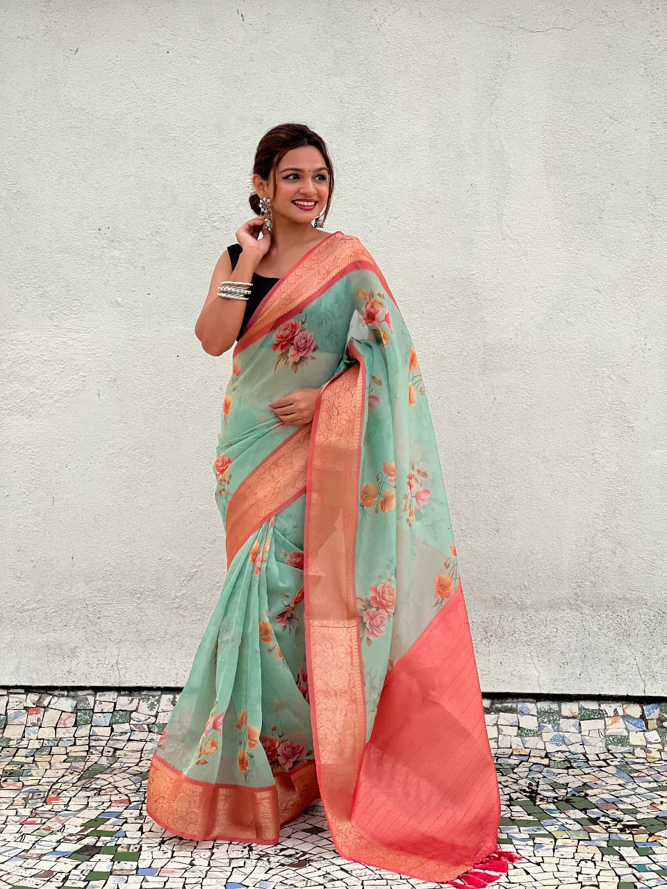 Floral Print Crush Tissue Saree with Zari Work - Ready to Wear Festival Saree