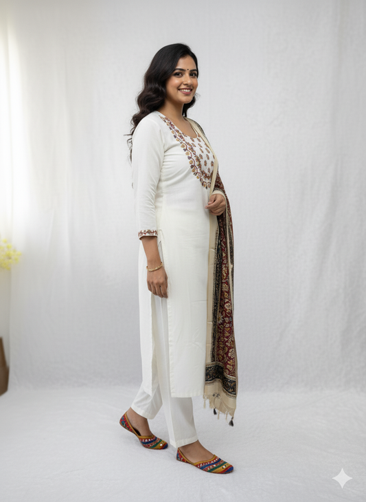 Khadi Cotton Kurti Set with Embroidery | White Ethnic 3-Piece Outfit | S-3XL Sizes