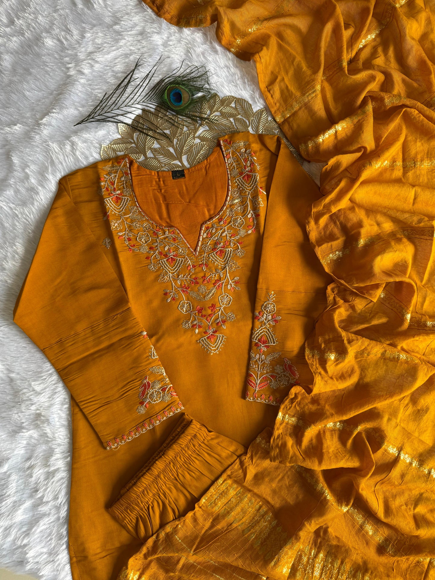 Elegant Mustard Designer Kurti Set with Embroidered Dupatta | Roman Silk Indo-Western Outfit