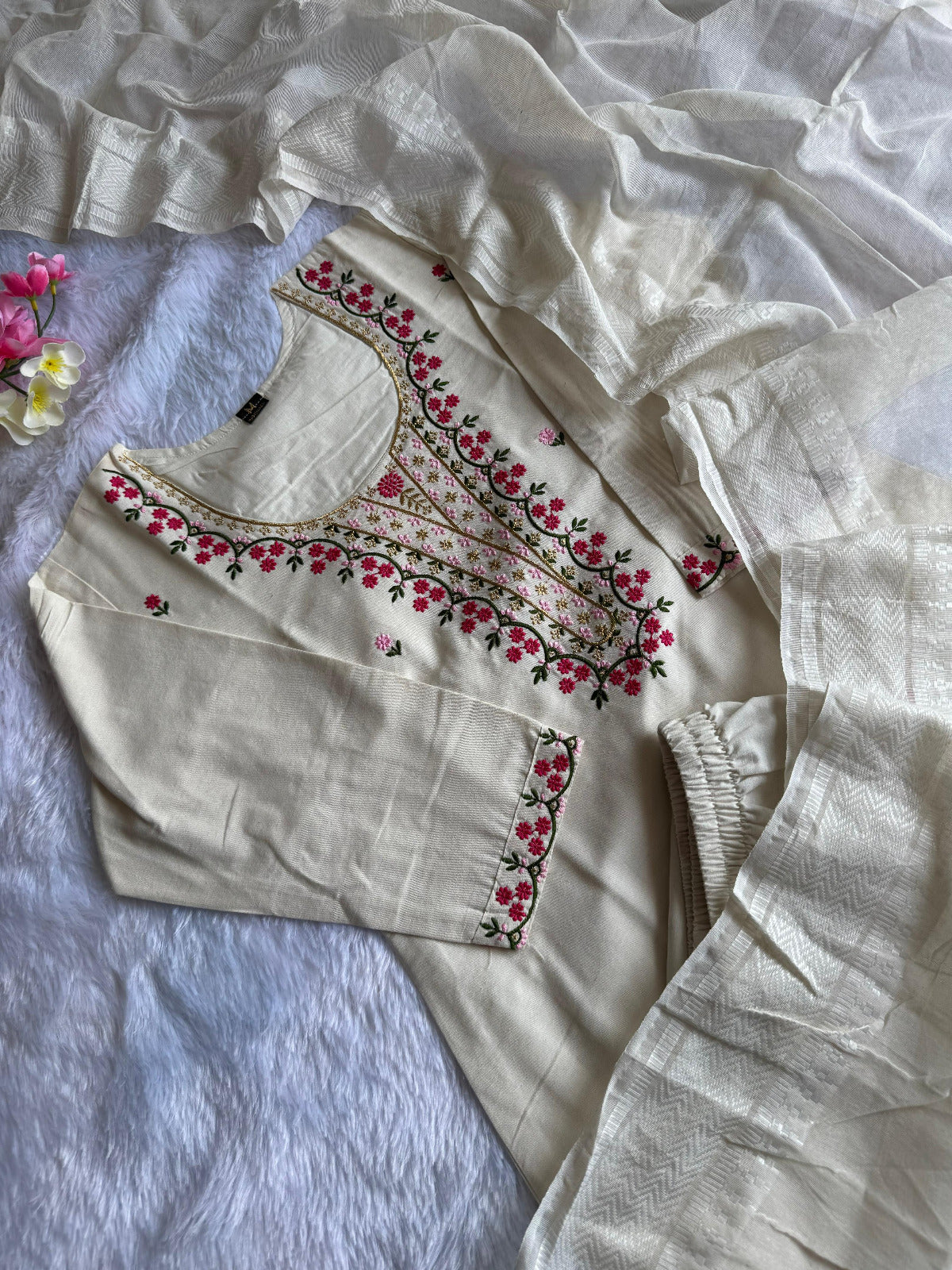 White Embroidered Khadi Cotton Kurti Pant Dupatta Set | The Indian Wardrobe