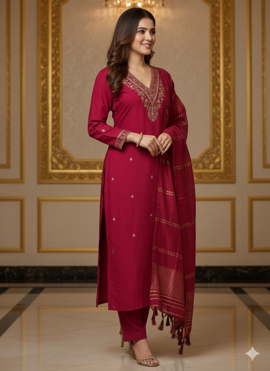 Cherry Red Roman Silk Kurti Set | Embroidered Designer Wear with Sequinned Dupatta