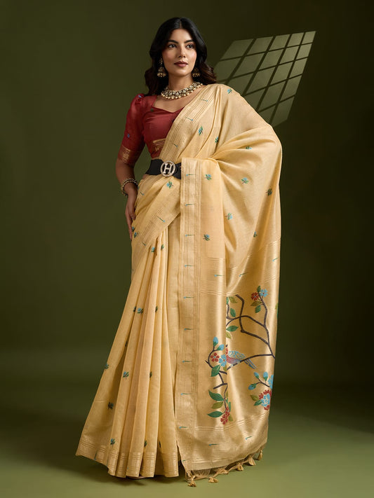 Muga Cotton Paithani Saree with Resham Weaving & Zari Border | Wedding Festive Wear