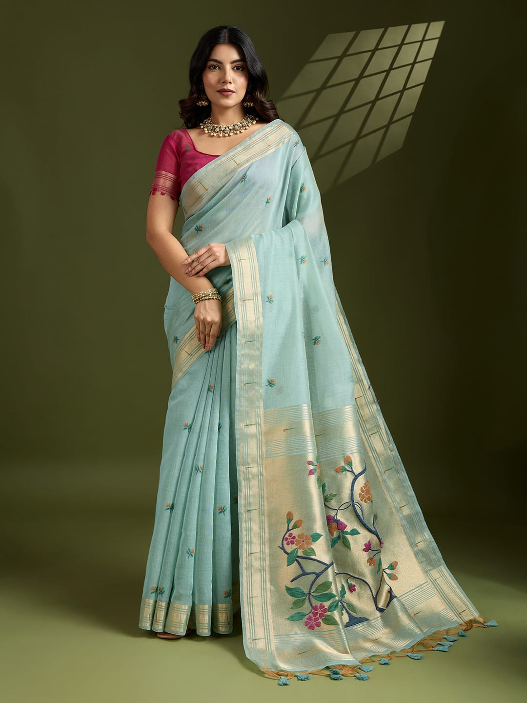 Muga Cotton Paithani Saree with Resham Weaving & Zari Border | Wedding Festive Wear