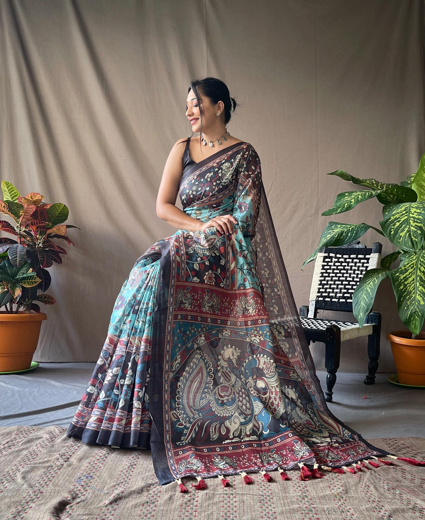 Cotton Kalamkari 2 | Pure Cotton Saree with Traditional Kalamkari Print & Contrast Blouse