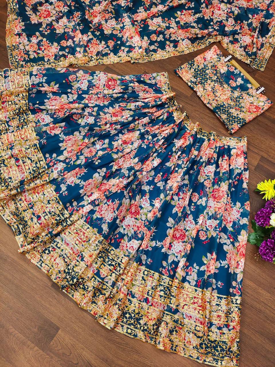 Organza Lehenga with Digital Print & Heavy Zari Sequence Work | 9 Colors Available | Ready to Ship