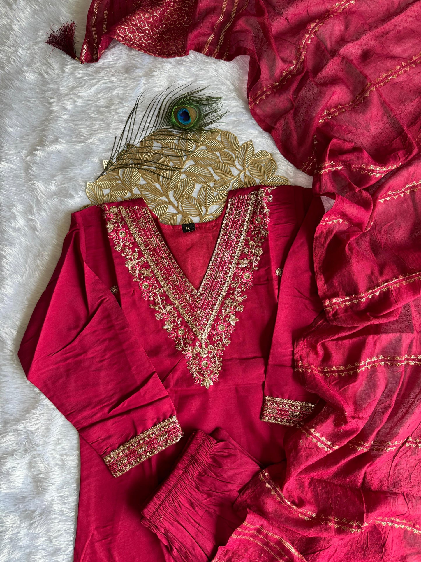Cherry Red Roman Silk Kurti Set | Embroidered Designer Wear with Sequinned Dupatta