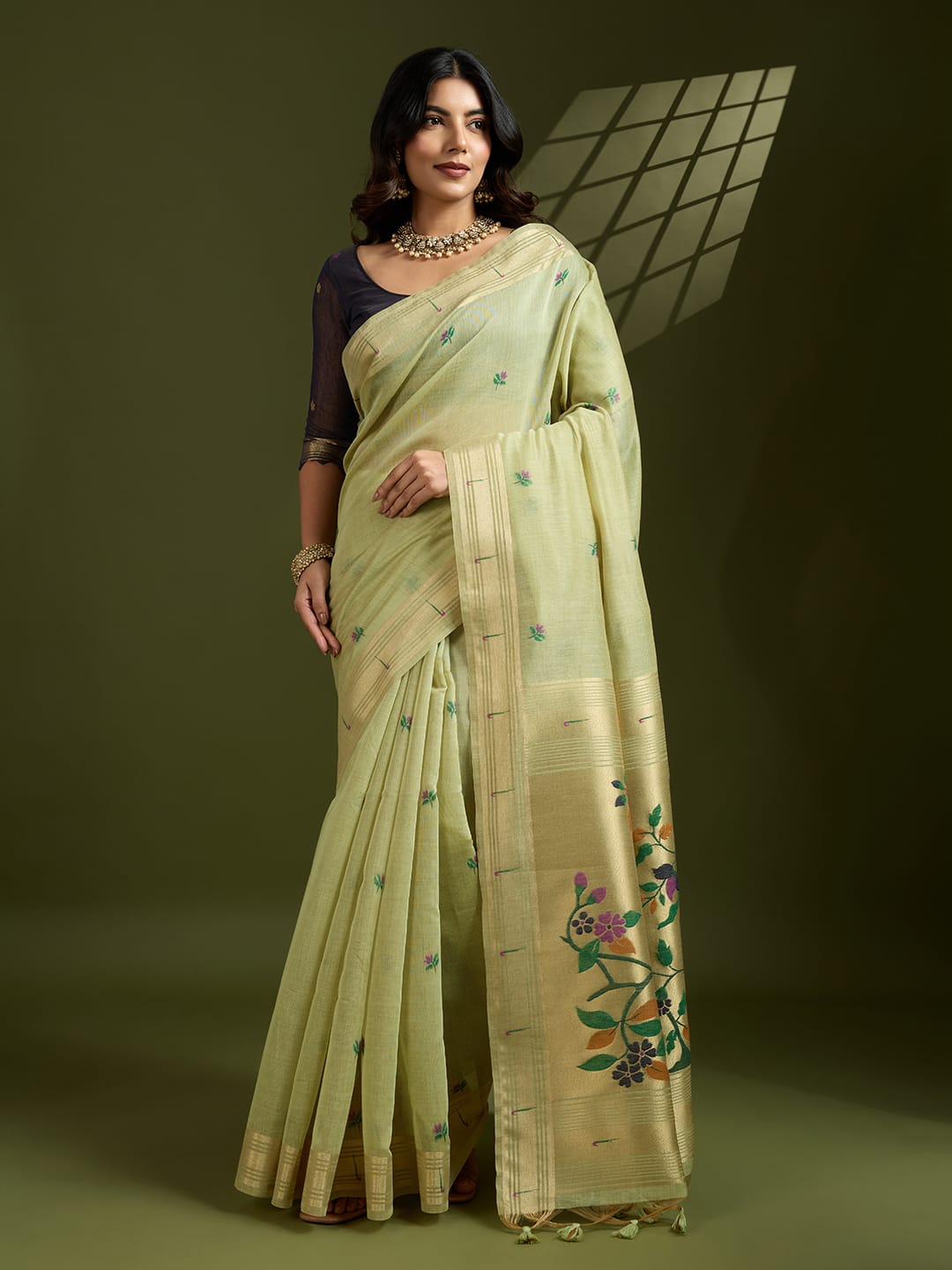 Muga Cotton Paithani Saree with Resham Weaving & Zari Border | Wedding Festive Wear
