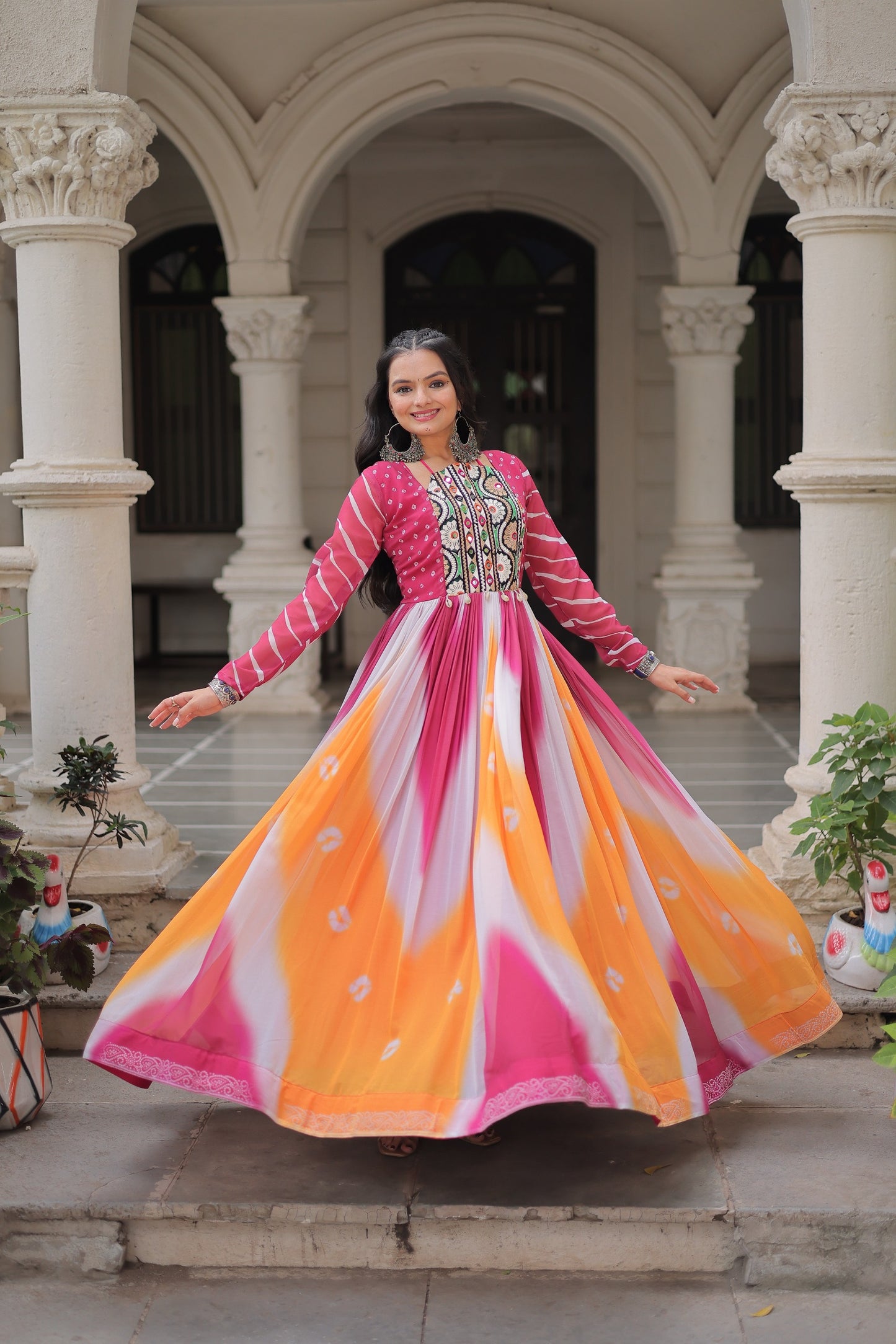 Navratri Bandhej Gown with Gamthi Embroidery | Mirror Work Faux Georgette Gown