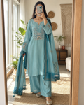 Laltika Bali Premium Roman Silk Embroidered Kurta Pant Dupatta Set for Women
