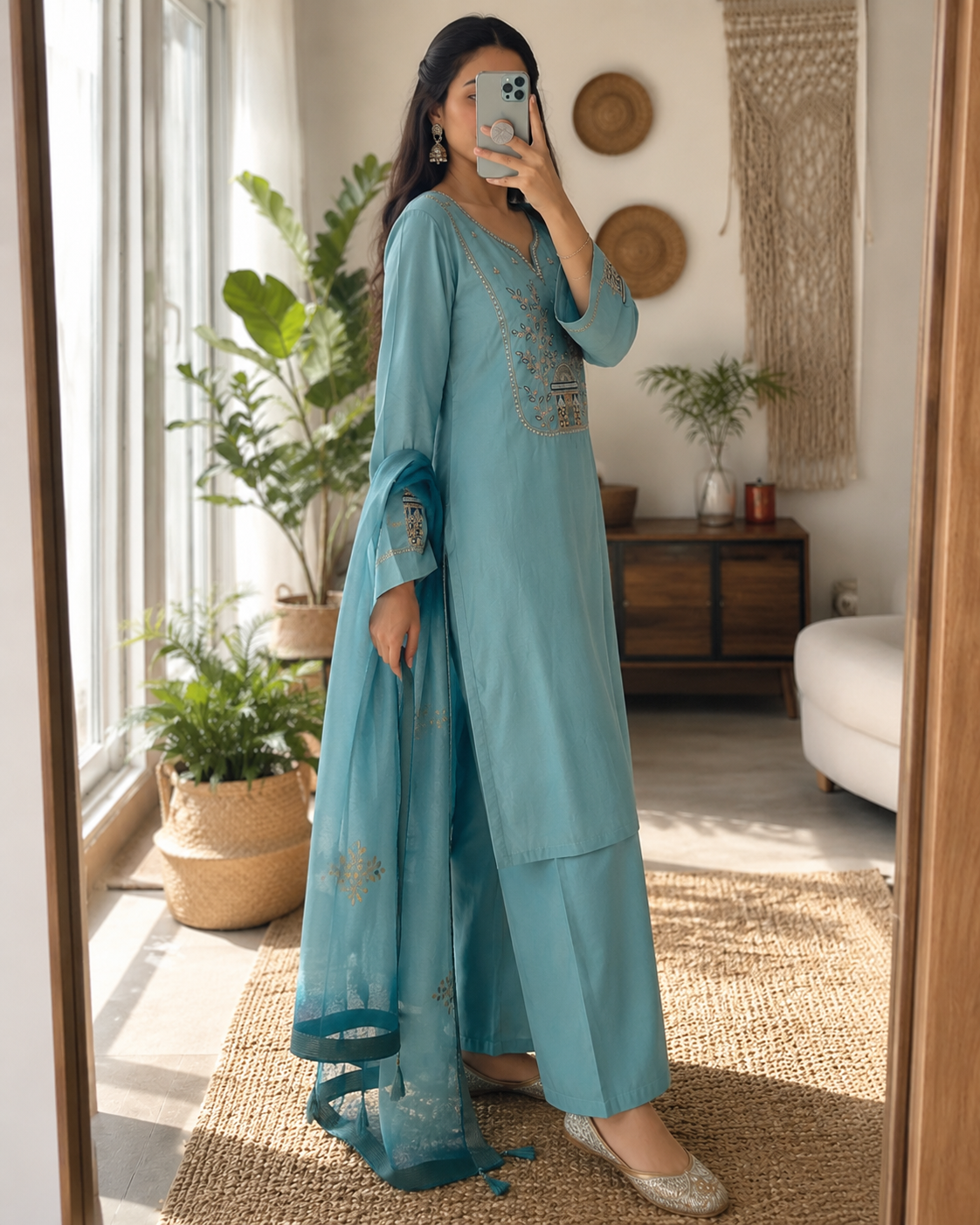 Laltika Bali Premium Roman Silk Embroidered Kurta Pant Dupatta Set for Women