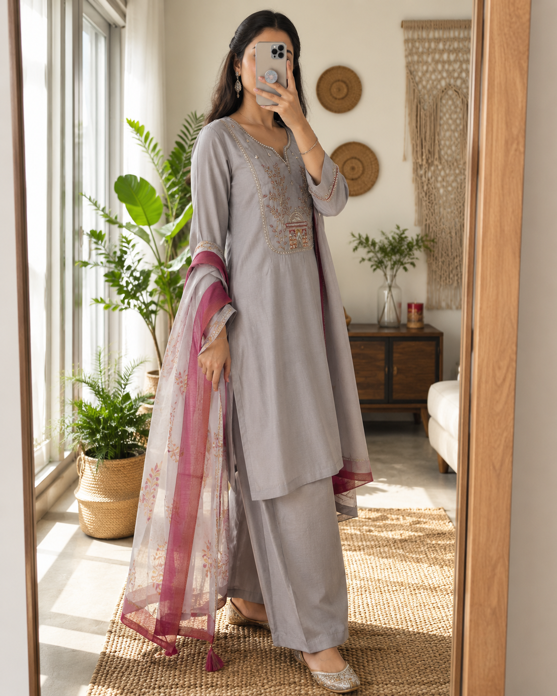 Laltika Bali Premium Roman Silk Embroidered Kurta Pant Dupatta Set for Women