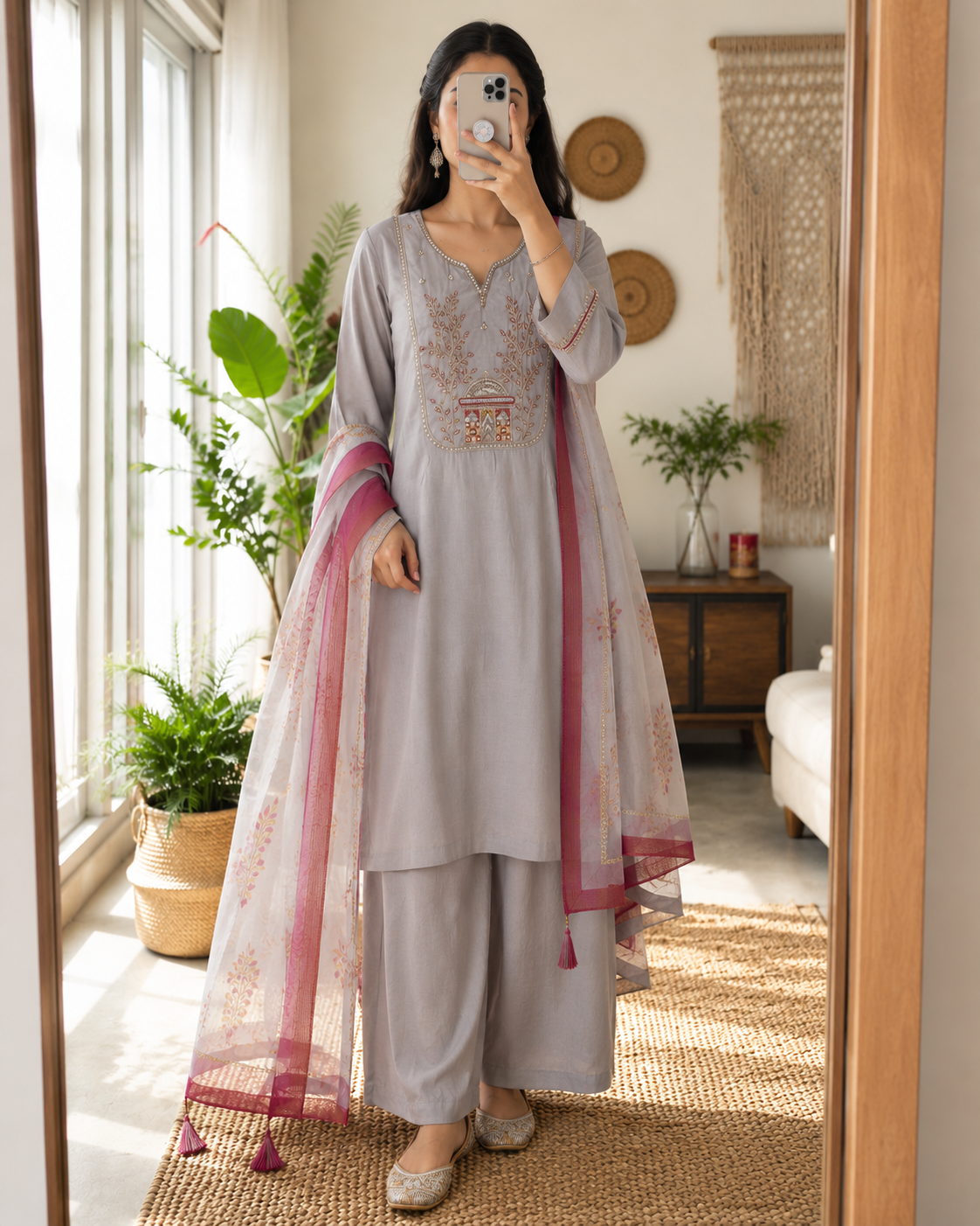 Laltika Bali Premium Roman Silk Embroidered Kurta Pant Dupatta Set for Women