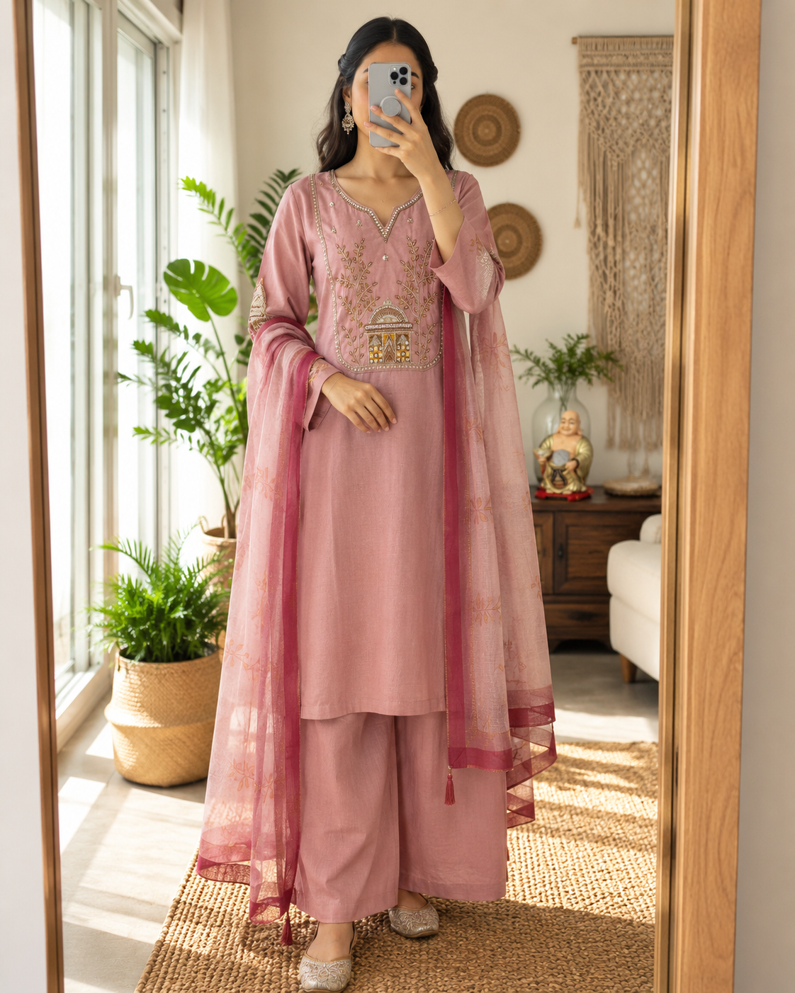 Laltika Bali Premium Roman Silk Embroidered Kurta Pant Dupatta Set for Women
