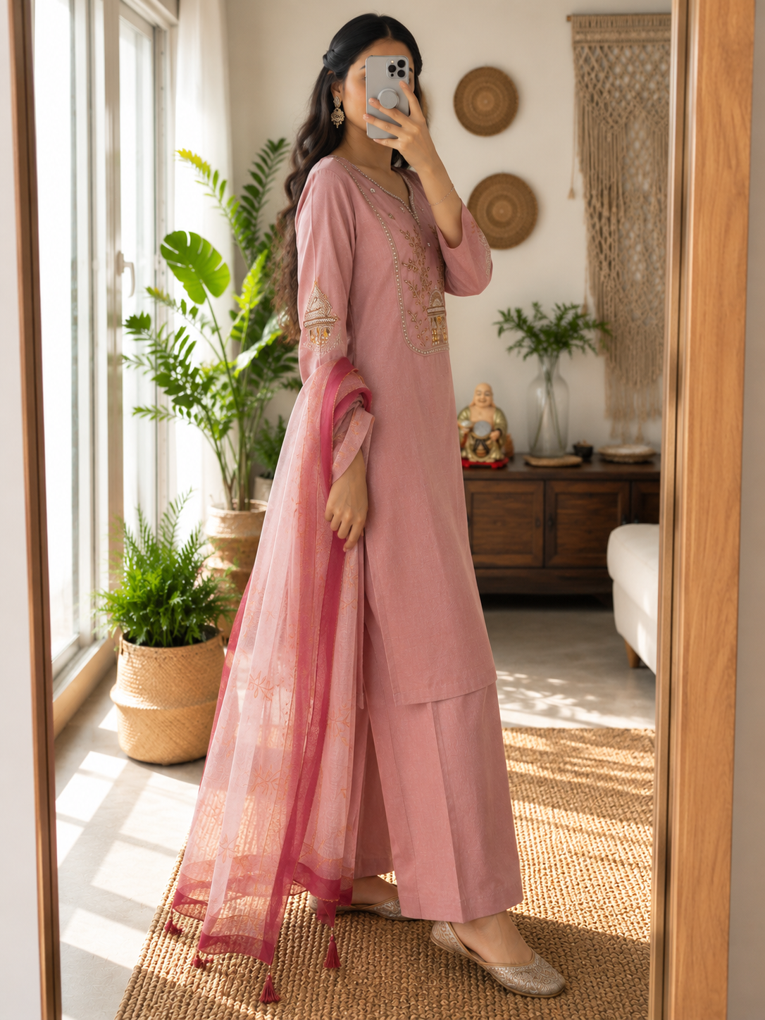 Laltika Bali Premium Roman Silk Embroidered Kurta Pant Dupatta Set for Women