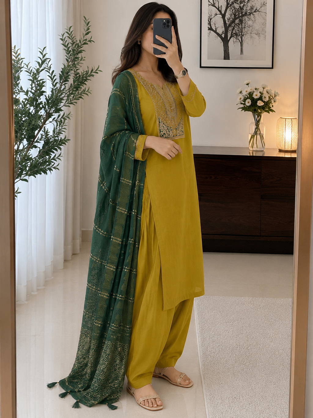 Lemon Yellow Roman Silk Embroidered Kurta Pant Dupatta Set for Women