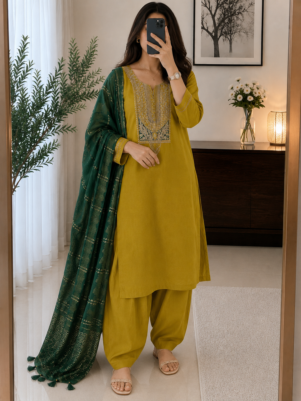 Lemon Yellow Roman Silk Embroidered Kurta Pant Dupatta Set for Women