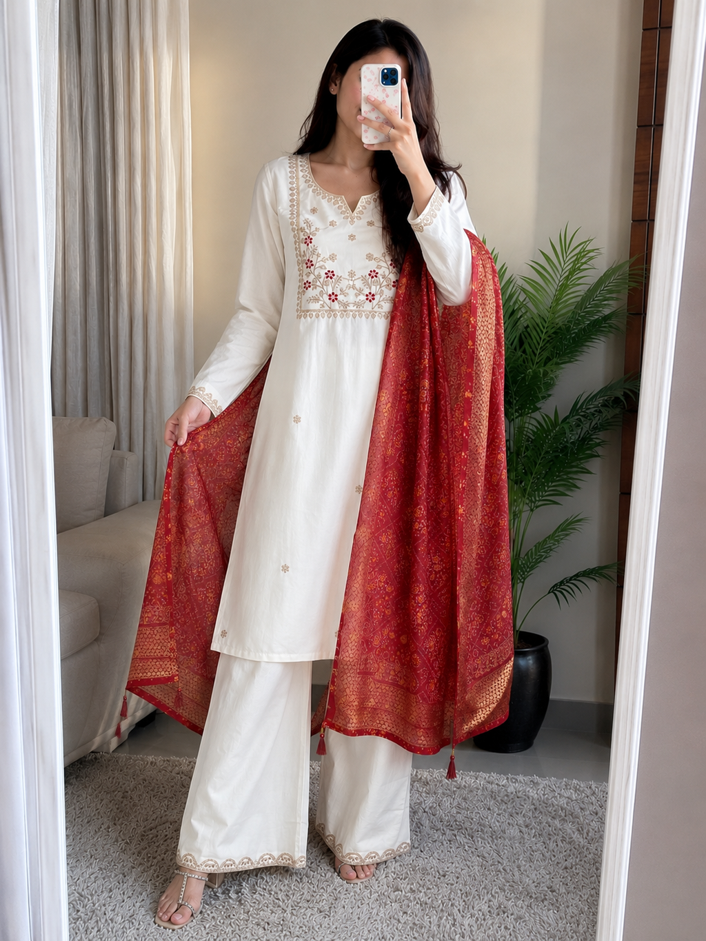 Cream White Roman Silk Embroidered Kurta Pant Dupatta Set for Women