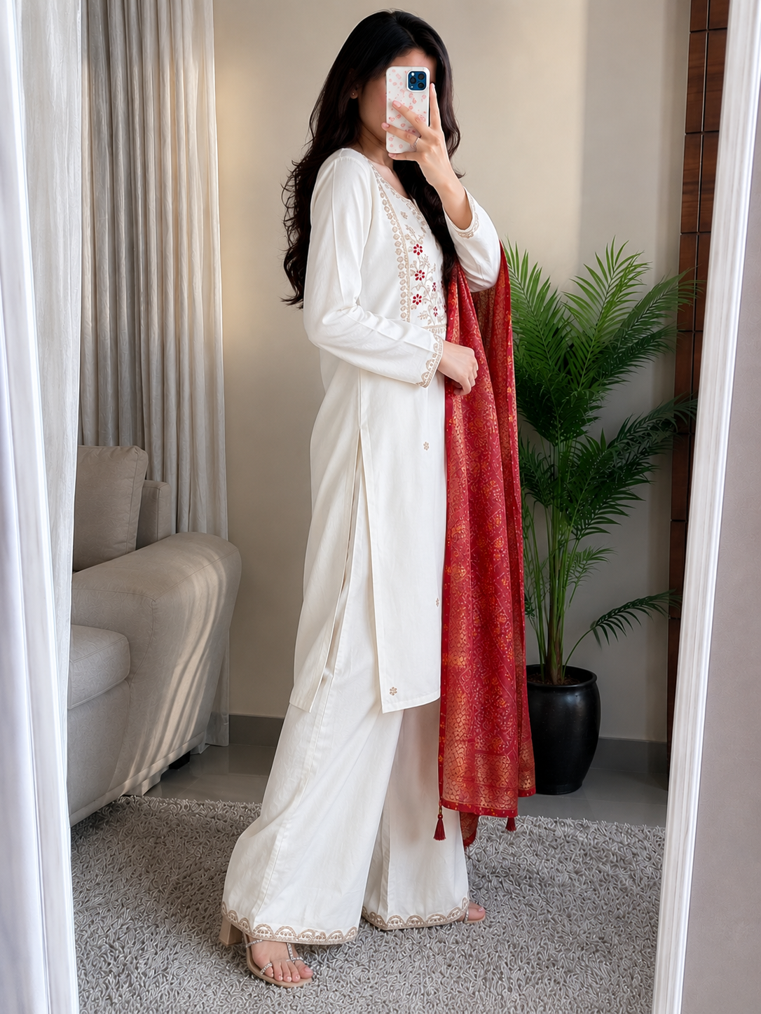 Cream White Roman Silk Embroidered Kurta Pant Dupatta Set for Women