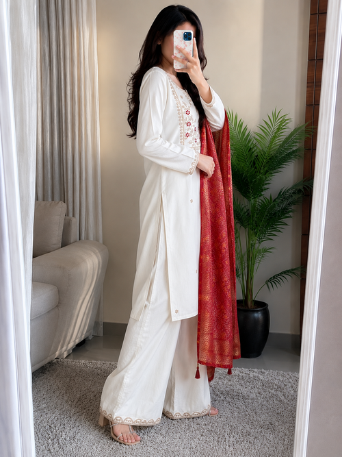 Cream White Roman Silk Embroidered Kurta Pant Dupatta Set for Women