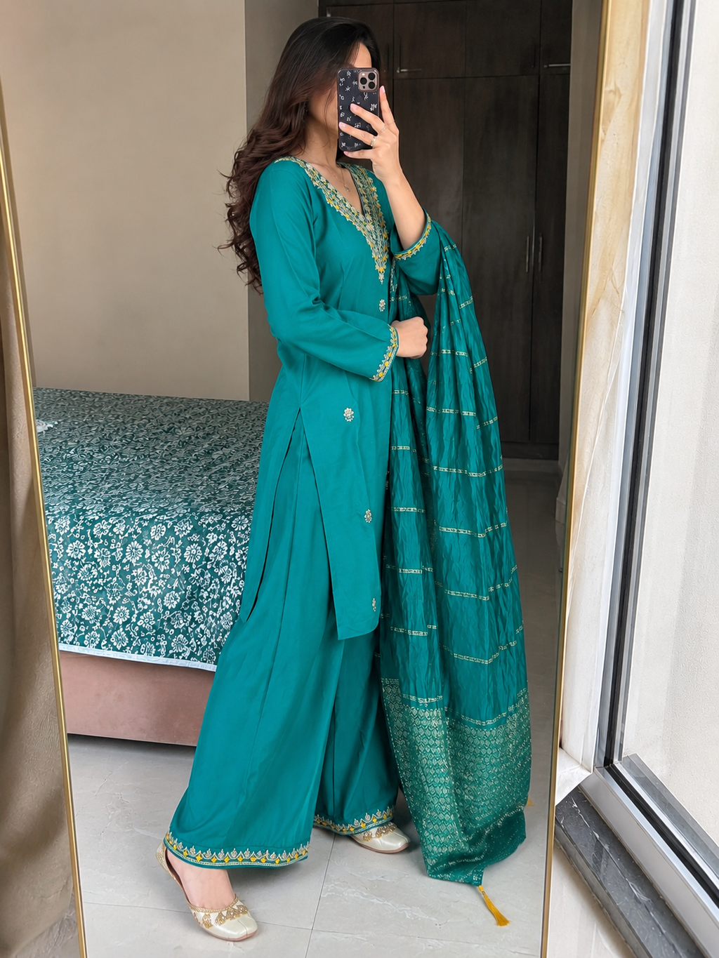 Laltika Women's Roman Silk Embroidered Kurta Pant Dupatta Set with Chanderi Silk Digital Print Dupatta