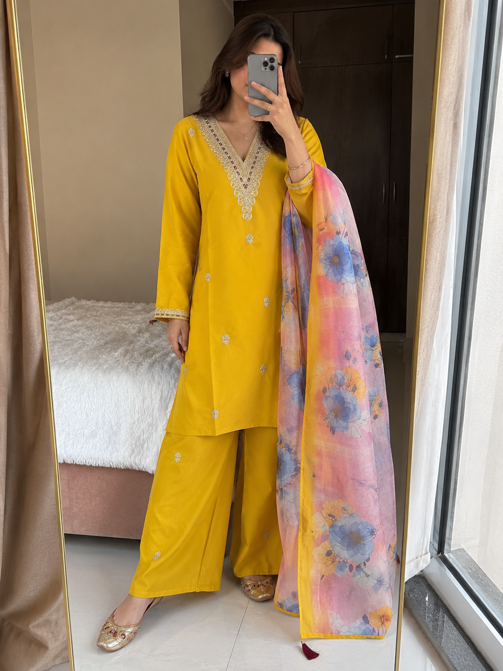 Roman Silk Embroidered Kurta Pant Dupatta Set for Women