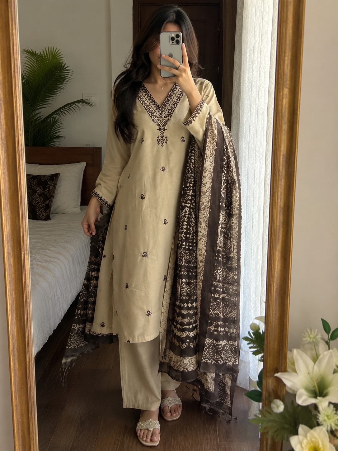 Laltika Chikoo Khadi Cotton Embroidered Kurta Pant Dupatta Set for Women with Bhagalpuri Khadi Print Dupatta