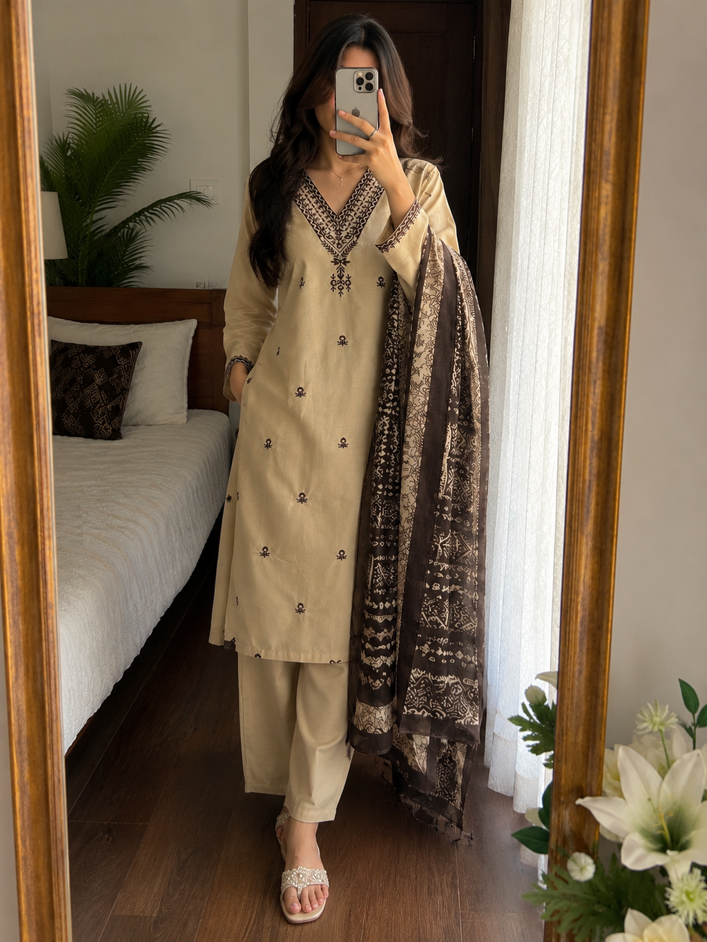 Laltika Chikoo Khadi Cotton Embroidered Kurta Pant Dupatta Set for Women with Bhagalpuri Khadi Print Dupatta