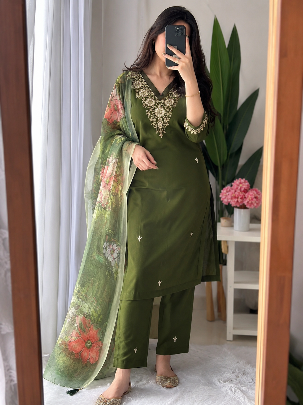 Laltika Mehndi Green Roman Silk Embroidered Kurta Pant Dupatta Set for Women with Chanderi Digital Print Dupatta